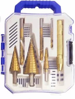 Jogo de Brocas Escalonadas 7 Peças com Corte Lateral + Marcador Punção – Estojo Organizador para Madeira, Metal, Alumínio, Cobre e Plástico – Compatível com Furadeira e Parafusadeira