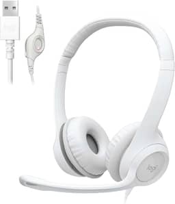 Headset com fio USB Logitech H390 com Almofadas Confortáveis, Controles de Áudio Integrado e Microfone com Redução de Ruído - Branco