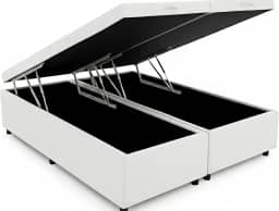 Cama Box Baú Queen Bipartido 79, Blindado, Pistão á Gás, Pés de Madeira (Corino, Branco)