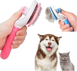Escova Rasqueadora Pet Tira Pelos Cachorro Gato Cão com Cerdas de Aço Flexíveis e Cabo Ergonômico Escovas Limpeza Autolimpantes para Queda e Cuidados dos Pelos de Pelagem Média a Longa, Remove Nós e Pelos Soltos com Suavidade (Rosa)