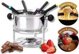 Kit Fondue Completo em Aço Inox, 1L, 6 Garfos Coloridos, Suporte e Queimador, Serve Até 6 pessoas por Porção.