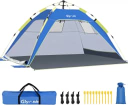 Glymnis Barraca de praia para 3 a 4 pessoas com proteção UV, 3 janelas dobráveis para ventilação, piso extensível e bolsa de transporte, pinos para barraca para acampamento na praia e jardim