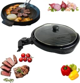 Grill Elétrico Redondo Premium com Termostato, 1200W, 40cm, Preto, Alumínio, Revestimento Antiaderente, 127V Carnes Hamburguer Grelhados Legumes Apartamento Balcão Camping
