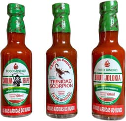 Kit Mais Fortes Do Mundo Carolina Reaper Trinidad Scorpion Bhutjolokia Molho 60 Ml Fogo Mineiro