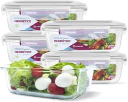 KIT 5 Potes de Vidro Retangular com Tampa Hermética 640ml Cor:Branco (QH)