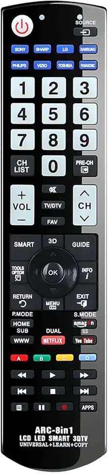 RIVIERA Controle remoto universal com grande botão luminoso e função de aprendizagem para TV opcional entre 8 marcas [Samsung Vizio LG Sony Sharp Panasonic Toshiba Philips]