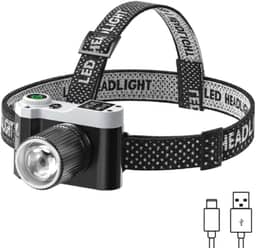 Lanterna de Cabeça LED Recarregável com Zoom Ajustável Foco Regulagem de Inclinação até 90 Graus Fita Ajustavel Ciclismo Pesca Bike Caminhada Acampamento Corrida