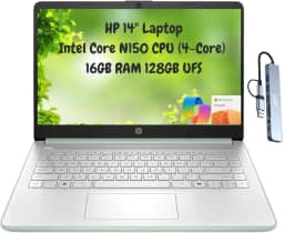 HP Laptop estudantil portátil 14 fino 2025, HD de 14 polegadas, Intel N150 de 4 núcleos, 16 GB de RAM, 256 GB de armazenamento (128 GB UFS + 128 GB microSD), 1 ano de escritório 365, Wi-Fi 6, HDMI