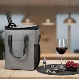 KIT AMANTE DE VINHOS | 1 Bolsa Térmica para 6 Garrafas + Kit Sommelier 5 peças | Apreciadores de Vinho | Presente Criativo