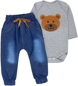 Conjunto Bebê Body Bordado Manga Longa com Calça Jeans ou Calça Ecolinho Sustentável - Era Uma Vez 0-12 Meses