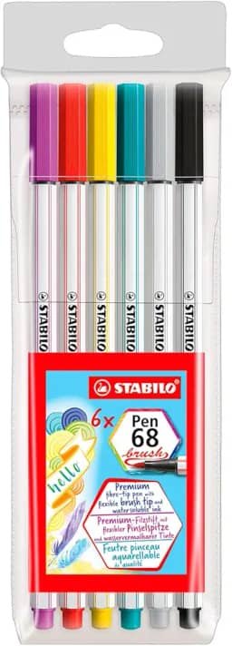 Caneta Stabilo Pen 68 Brush, Multicor, Estojo Com 6 Unidades, STABILO