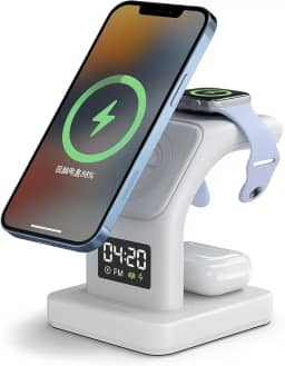 Base de Carregamento Carregador Mag-Safe 5 em 1, Carregador Indução sem Fio com Luz Noturna, Compatível com iPhone, Apple Watch e AirPods, Branco