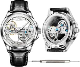 OLEVS Relógios automáticos de couro para homens jovens, relógios de corda automática, para homens