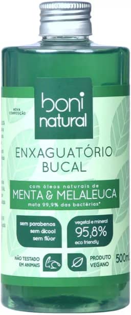 Enxaguante Bucal Natural e Vegano, Sem Flúor, Zero Álcool, Sem Parabeno, Menta e Melaleuca, Boni Natural, Verde, 500ml