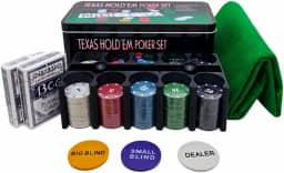 JOGO PARA POKER 200 FICHAS NUMERADAS NA LATA COM 2 BARALHO E TOALHA