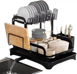 Escorredor de Louça Inox VMSTARK Design Moderno2 Andares, Bandeja Coletora, Suportes p/Pratos, Copos e Talheres Durável, Antiferrugem e Compacto 32 x 42 x 30 cm