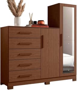 Cômoda 5 Gavetas 2 Portas com Pés e Espelho New Master Albatroz