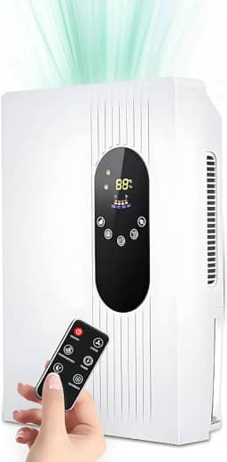 Desumidificador e Purificador de Ar 2 em 1 com Mangueira Drenagem Controle Remoto Tela LCD Configuração Umidade 77oz Liga Desliga Automático Timer 24h para Porão Quarto Banheiro Armário