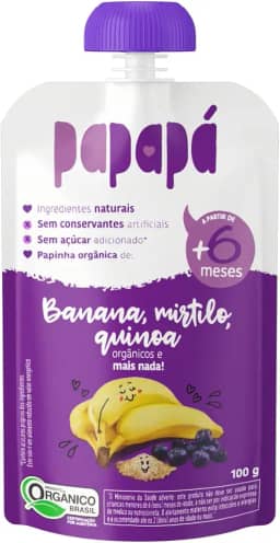 Papapá, Papinha Orgânica de Frutas, Sabor Banana, Mirtilo e Quinoa, 100g, Sem Açúcar Adicionado, Ingredientes Naturais