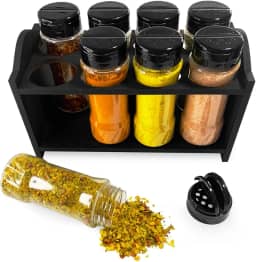 Amilplast Porta Tempero Berço de Madeira com 8 Potes de Plástico 130ml Transparente Tampa Dosadora Dupla para Condimentos com Etiqueta