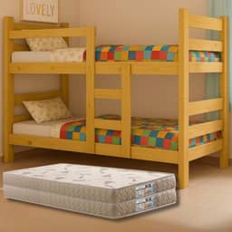 Beliche Madeira Maciça, Duas Camas Solteiro, Completa com Colchões D20 Premium, Segurança e Reforço Extra, até 120kg