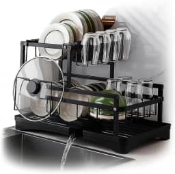 Escorredor de Louça em Aço Carbono Preto com Bandeja de Drenagem, Suporte para Copos, Talheres e Tábuas – Compacto, Resistente, Antiferrugem – Organizador de Pia Cozinha Moderna