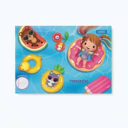 Foroni Caderno de Caligrafia Ternuritas, Capa Dura, 48 Folhas, 200mm x 275mm, Design Infantil com Piscina e Personagens, Ideal para Ensino Fundamental