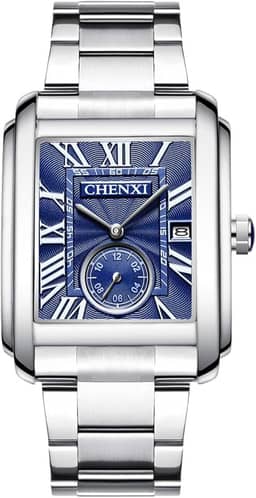 Aroncent Mens Waterproof Square Watch: Stainless Steel Quartz Analog Watch with Date Roman Numerals Independent Second Dial - Casual and Business Silver Wrist Watch