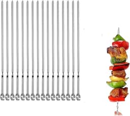 MOCUMEI Espetos de metal para grelhar, espetos de Kabob, espetos de churrasco planos, conjunto de espetos de churrasco, varetas de churrasco reutilizáveis (espetos de 35,5 cm (pacote com 16))