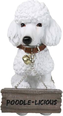 Ebros Estátua realista realista de cachorro poodle francês branco Fifi Welcome Greeter de 29,2 cm de altura com pedigree de raça de cães colecionáveis para decoração de pátio para casa com coleira