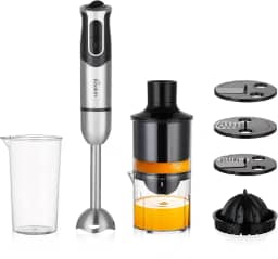 Mixer de Mão Portátil 8 Velocidades 3 em1 800W Inox KOOKIN Multifuncional com Espremedor de Frutas e 3 Discos de Corte, Lâminas Aprimoradas em Aço Inox 304 - Prepara um Copo de Suco de Laranja em 30s