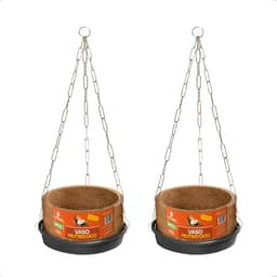 Kit 2 Vaso Planta Completo Fibra Coco Pendurar Prato Corrente N2 Médio Samambaia Orgânico Nutriplan