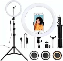 Ring Light 12 Polegadas com Tripé de 2,1m Suporte de Celular e Dimmer 3 Tons de Luz