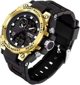 Relógio Digital e Analógico Tático Estilo Militar Esportivo Resistente Shock I Relógio de Pulso Masculino para Homem Esportivo Resistente à água com LED Noturno com Cronômetro Pulseira Resistente Robusto SW38 (Detalhes Dourado)