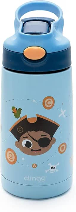 Clingo Garrafa Térmica Infantil Pirata, Dupla Parede a Vácuo, Livre de BPA, 350 ml, Azul