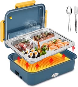 Marmita Eletrica, 1200 ml com 3 Compartimentos e Garfo em Aço Inoxidável, Marmita Eletrica Portatil Bivolt 110V-220V - Veicular 12V, Marmitas Elétrica