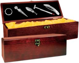 Kit Porta Vinho Luxo 5 Acessórios Inox e Caixa De Madeira