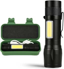 Lanterna Tática LED Recarregável USB – Super Potente, Zoom Ajustável, 3 Modos + COB Lateral, Resistente à Água – Ideal para Camping, Trilhas, Pesca, Emergências e Uso Profissional