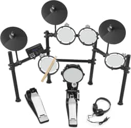 Kit de Bateria Eletrônica com Compatibilidade de Pedal Duplo, Conjunto de Bateria Elétrica com Auscultadores e Bastões, Kit de Estreia de Bateria, Bateria Instrumento com 5 Pads de Bateria e 3 Pratos