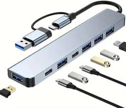 Hub USB-C e USB-A 3.0, Adaptador 7 em 2, Portátil, Veloz e Multifuncional Para Computadores, Smartphones, Notebooks, Tablets e PC