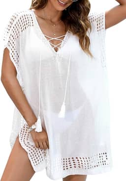 Saída de praia feminina com borlas e mangas morcego de crochê macio, serve para 0-18