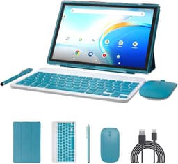 Tablet 2 em 1 com sistema operacional Android 14 de 10 polegadas, tablets com teclado, mouse, capa, caneta, 64 GB de ROM + 8 GB de RAM, câmera dupla de 2 MP + 8 MP, processador Quad Core, bateria de