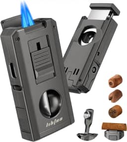 Isqueiro de maçarico embutido cortador de charuto de um toque corte em V e corte reto, perfurador, suporte, tudo em 1 à prova de vento duplo isqueiro de chama de jato presentes para homens