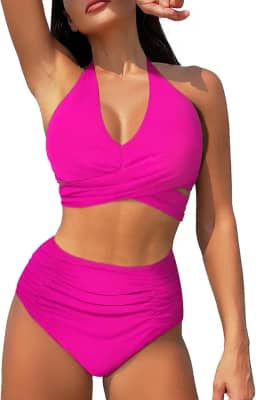 Conjunto de biquíni para mulheres, cintura alta, controle de barriga, duas peças, frente única, cruzado, com cadarços, trajes de banho 2024