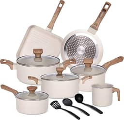 Jogo de Panelas 10 Peças Indução Cerâmica Antiaderente, Adequado para Fogão a Indução, Gás, Elétrico e Vitrocerâmico, Durável Lindas e Qualidade, Baunilha