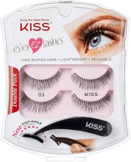 KISS Ever EZ Lashes Pacote Duplo Nº 03, Kit Iniciante de Cílios Naturais Reutilizáveis, Inclui Aplicador de Ângulo Fácil e 2 Pares de Cílios Postiços de Cabelo Humano Preto