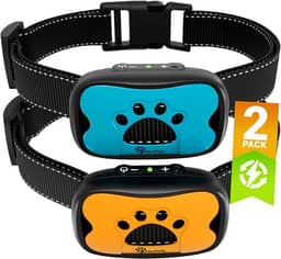 PawPets Coleira anti-latido recarregável – Coleira para cães de treinamento sem choque – Humana com vibração e som para cães pequenos, médios e grandes – Pacote com 2 azul laranja (recarregável)