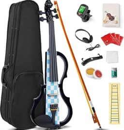 VEDO Violino Elétrico, Conjunto de Violino Elétrico Silencioso 4/4, Violino de Madeira Maciça e Metal, com Acessórios em Ébano, Kit para Iniciantes Adultos e Adolescentes (Xadrez Azul e Branco)