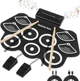 Bateria Eletrônica Instrumento Musical Portátil de Silicone Preto com 9 Pads, Pedais, Baquetas, MIDI Ideal para Crianças, iniciantes, Músicos, Prática Musical em Casa