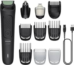 Philips Multigroom Aparador de Pelos 10 em 1 3000 Series, Barbeador elétrico e Aparador para Rosto, Cabeça e Corpo, Lâminas Autoafiáveis para a Pele, 10 Configurações de Comprimento, Modelo MG3931/15